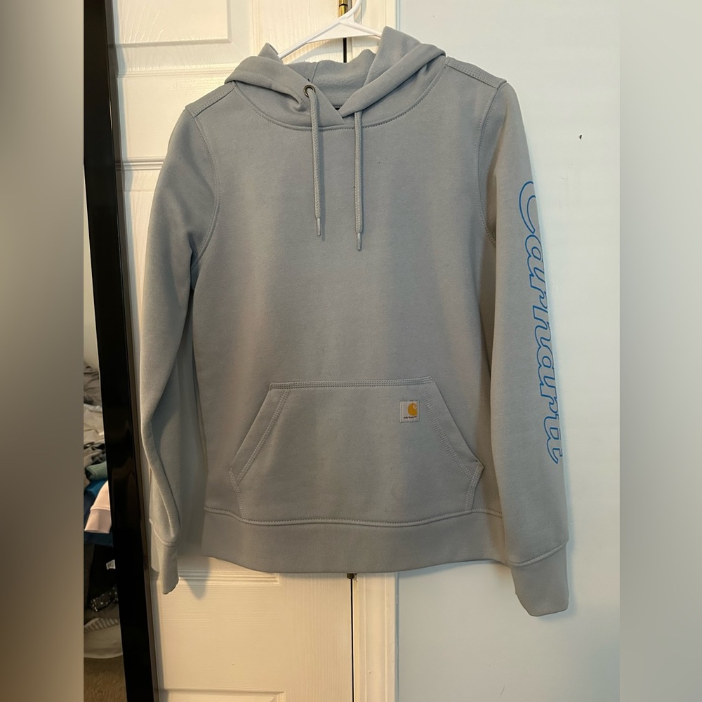 Carhartt Women's Light Gray blue Hoodie with Blue Logo